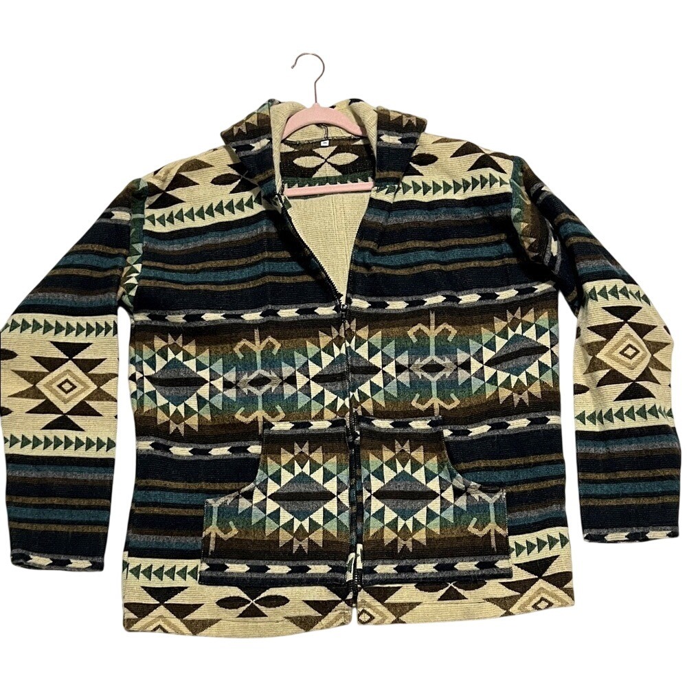 Southwestern Zip Front‎ Hooded Sweater - Jacket with front pockets Multicolor XL